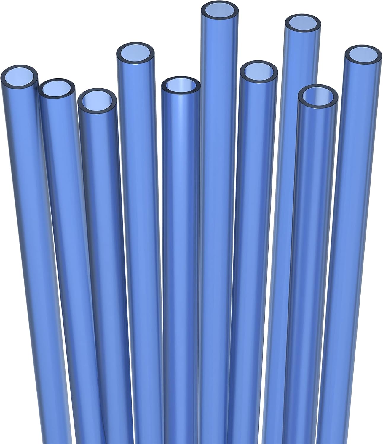 10 Short Reusable Hard Blue Plastic Drinking Straws, Medium Width + Sturdy Cleaning Brush - for Cocktails, Small Cups, Kids Drinks - Dishwasher Safe BPA Free