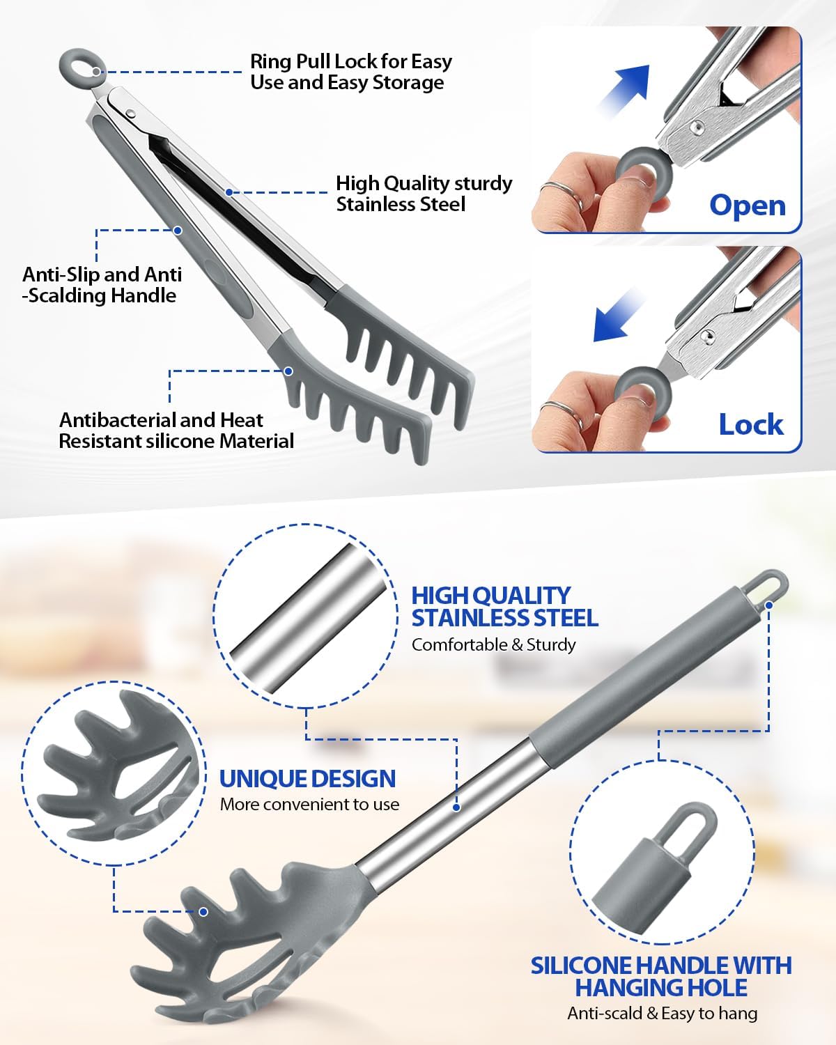 Spaghetti Spoon and Pasta Tong, Non-stick Silicone Spoon Server Fork With Teeth and Stainless Steel Handle, Food Clip for Noodles (Grey)