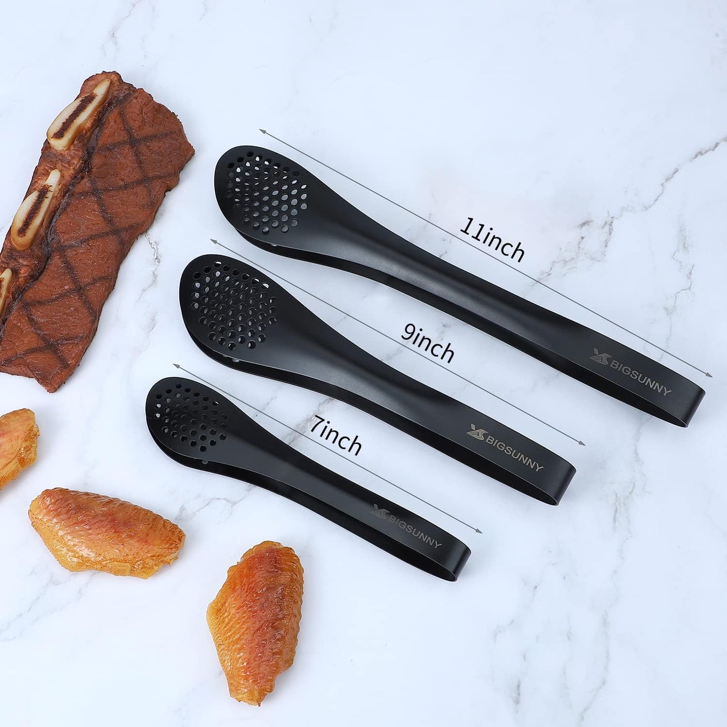 MSY BIGSUNNY Kitchen Buffet Tongs - Heavy Duty Food Serving Set for Cooking, BBQ - Metal Salad Tongs Set of 3 (Black 7" 9" & 11")