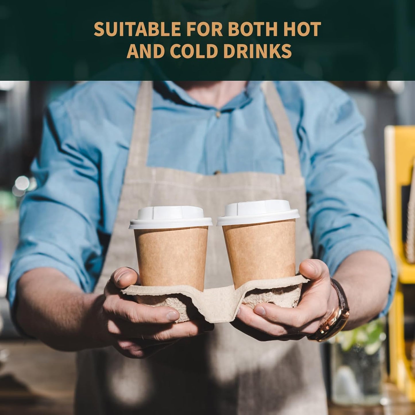 Tearable 4 to 2 Cup Drink Carrier - Biodegradable Convertible Cup Holder for Hot/Cold Beverages (8oz-32oz) - Pulp Fiber to Go for Restaurants, Takeout/Delivery (100 Pack)