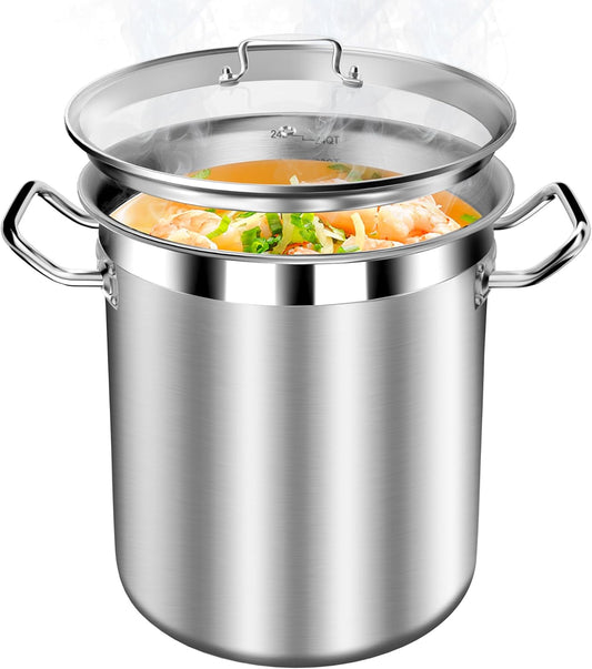 Large Stainless Steel Stock Pot with Lid – 24 Quart (6 Gallon) Heavy-Duty Cooking Pot for Soup, Stew, Pasta – Commercial & Home Use, Easy to Clean