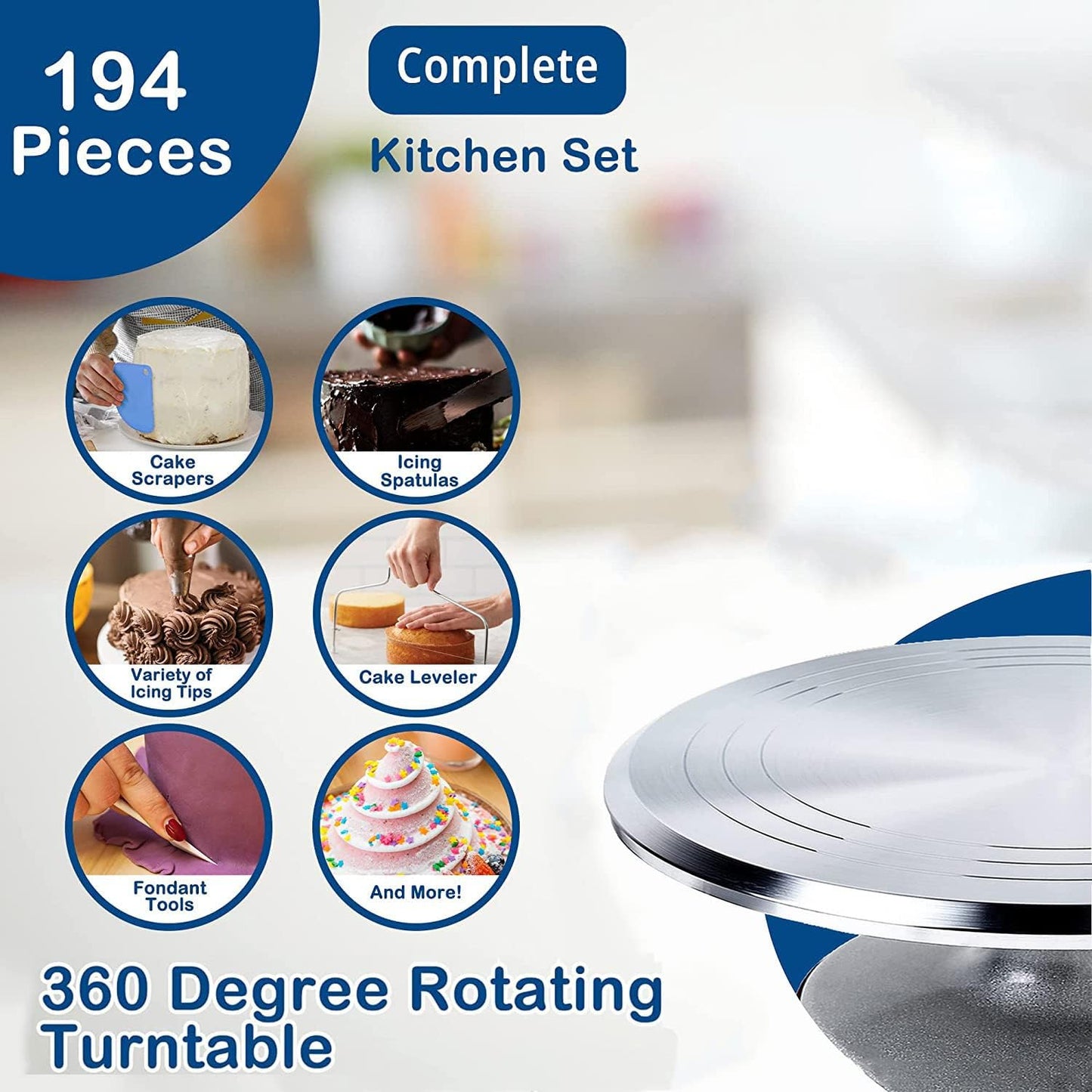 204 PCS Cake Decorating Kit, Aluminum Rotating Turntable Stand, Baking Supplies Kit Set with 4 Springform Pan Sets, 55 Icing Piping Nozzles, Cake Topper, Icing Spatula, Scraper, Pro Baking Tools