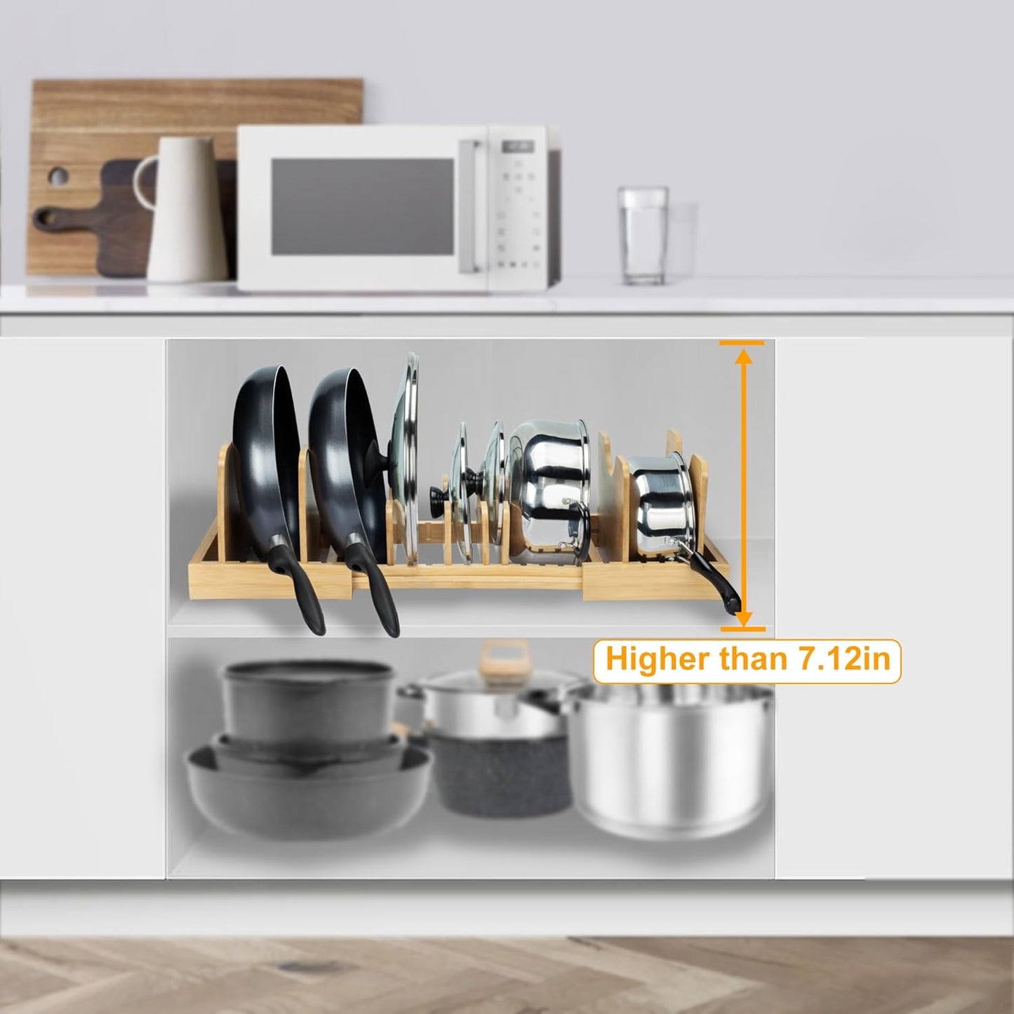 MinBoo Bamboo Expandable Pot Lid Organizer Pot Lid Holder, Pot and Pan Organizer Drawer Organizer for Pot Lids, Adjustable Dividers for Kitchen Cabinet Organizers and Storage,Large