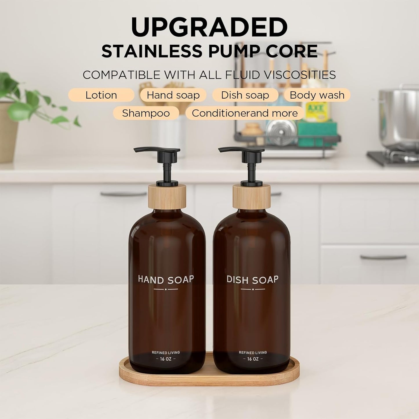 Hand and Dish Soap Dispenser Set,16oz Glass Bottles with Printed Labels, Bamboo Tray & Pump,Countertop Soap Dispensers for Kitchen,Luxury, Minimalist & Farmhouse Decor (Hand Dish (Amber))
