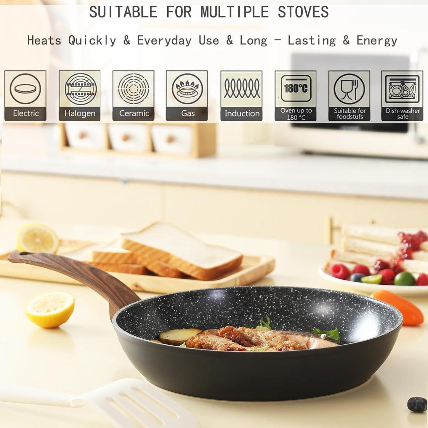 Pots and Pans Set Non Stick, Ceramic Cookware Set with Granite Pattern Kitchen Cooking Sets Induction Pot and Pan w/Frying Pans, Saucepans, Casserole, Non-Toxic, PTFE/PFOA/PFOS-Free, Black