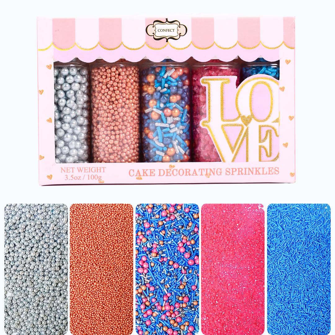 Confect Game Night Sprinkles – Mix with Copper & Silver Dragees, Bright Blue Jimmies, Rose Gold & Pink Sparkling Sugar | Vegan, Gluten-Free, Nut-Free, Soy-Free, Dairy-Free Cake & Cupcake Decorating Topping - 5oz