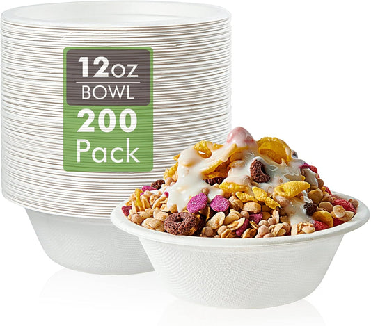 Vplus 200 Pack 12 OZ Paper Bowls, Disposable Compostable Bowls Bulk, Eco-friendly Bagasse Bowls, Heavy-duty Bowls Perfect for Milk Cereals, Snacks, Salads