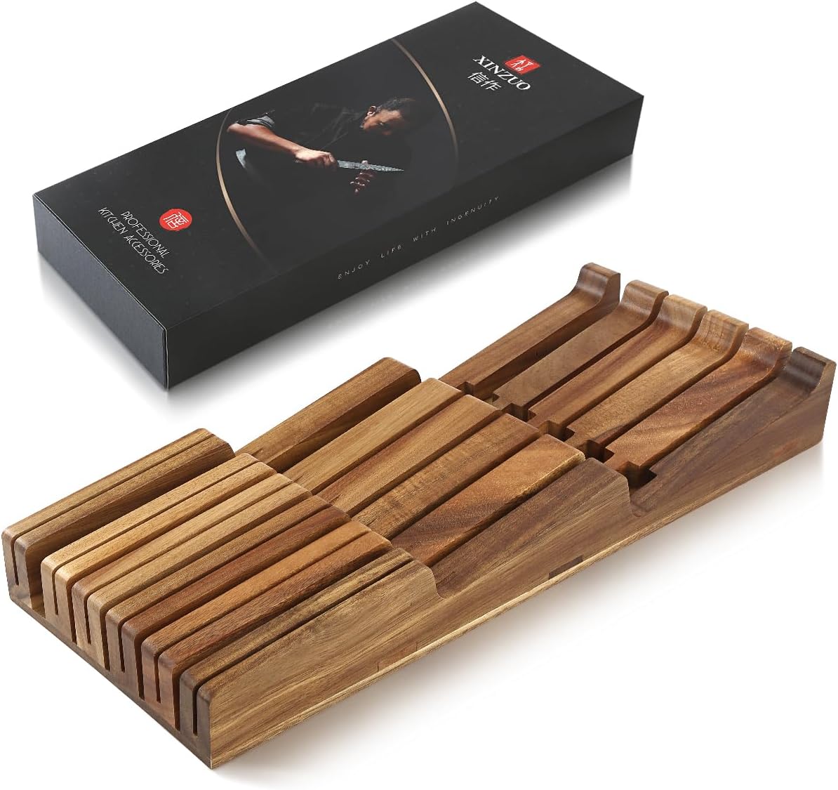 XINZUO In-drawer Knife Block, Natural Acacia Knife Drawer Oganizer, Insert-Kitchen Storage Holder, 11 Slots, Holds up to 11 Various Size Knives, Countertop Saving&Knife Protective