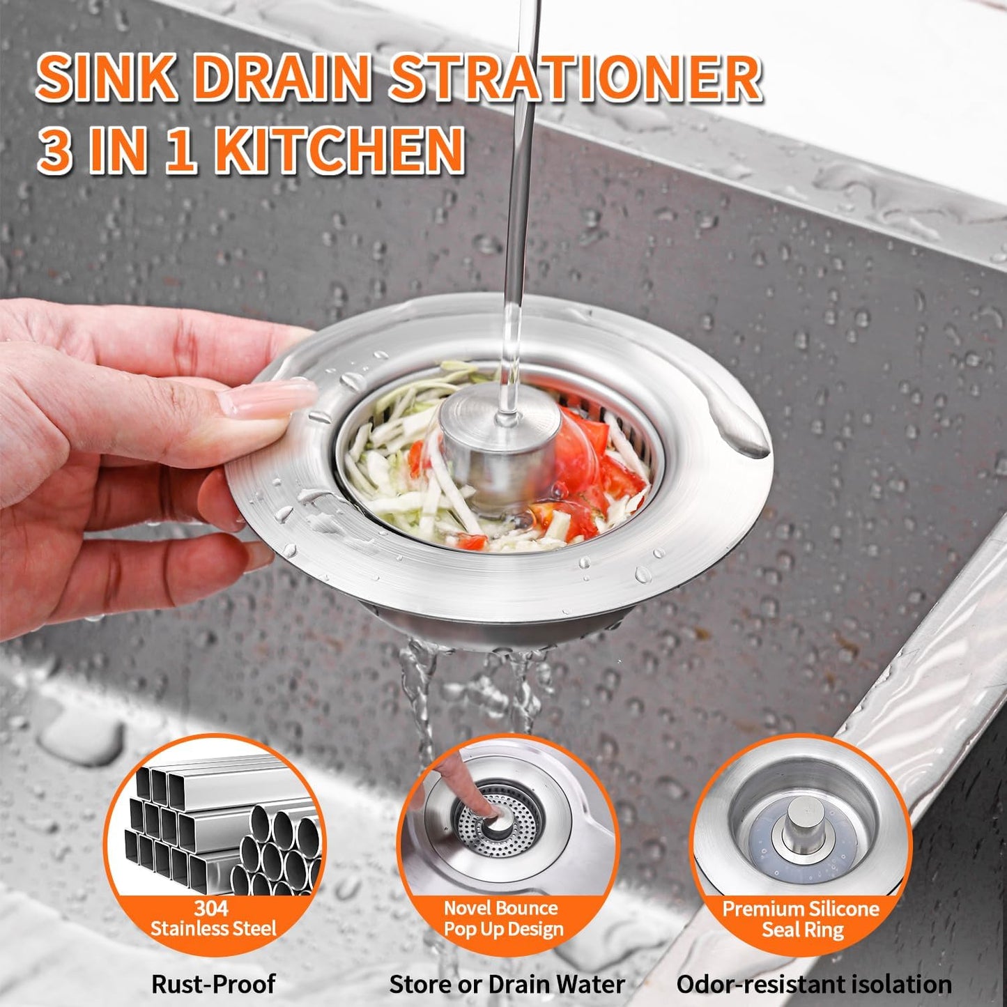 3-in-1 Kitchen Sink Drain Strainer & Sink Stopper 2 Pack - 304 Stainless Steel Sink Drain Strainer, Pop-Up Anti-Clog Design, Fits Standard 3-1/2'' Sink Drains