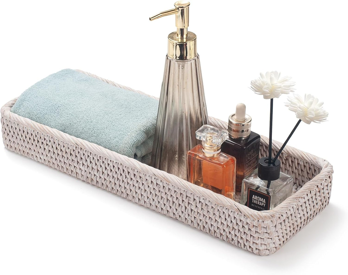 Rattan Bathroom Vanity Tray, Toilet Tank Basket Tray for Paper Hand Towel, Bathroom Counter Tray for Organizing and Decor (Whitewash, 16.3" x 6.1" x 2")