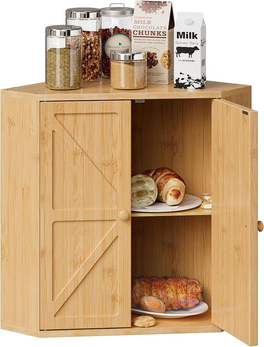 Corner Bread Box for Kitchen Counter Double Layer Bamboo Bread Storage Container Large Capacity Bread Storage Bin Farmhouse Breadbox Organizer (Bamboo Natural)