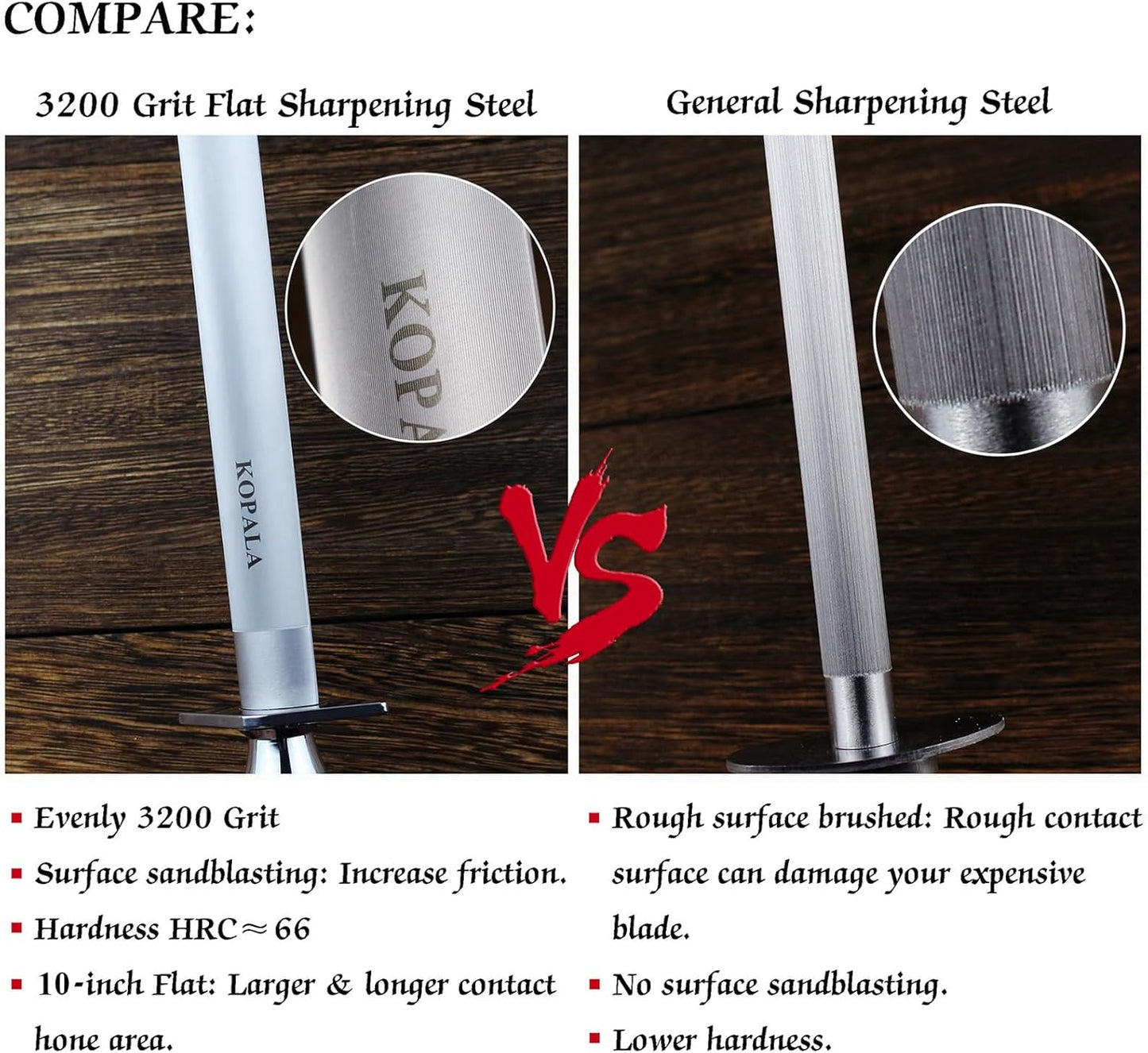 Sharpening Steel Knife Sharpener Rod Flat 10 Inches Honing Steel for Knives Red