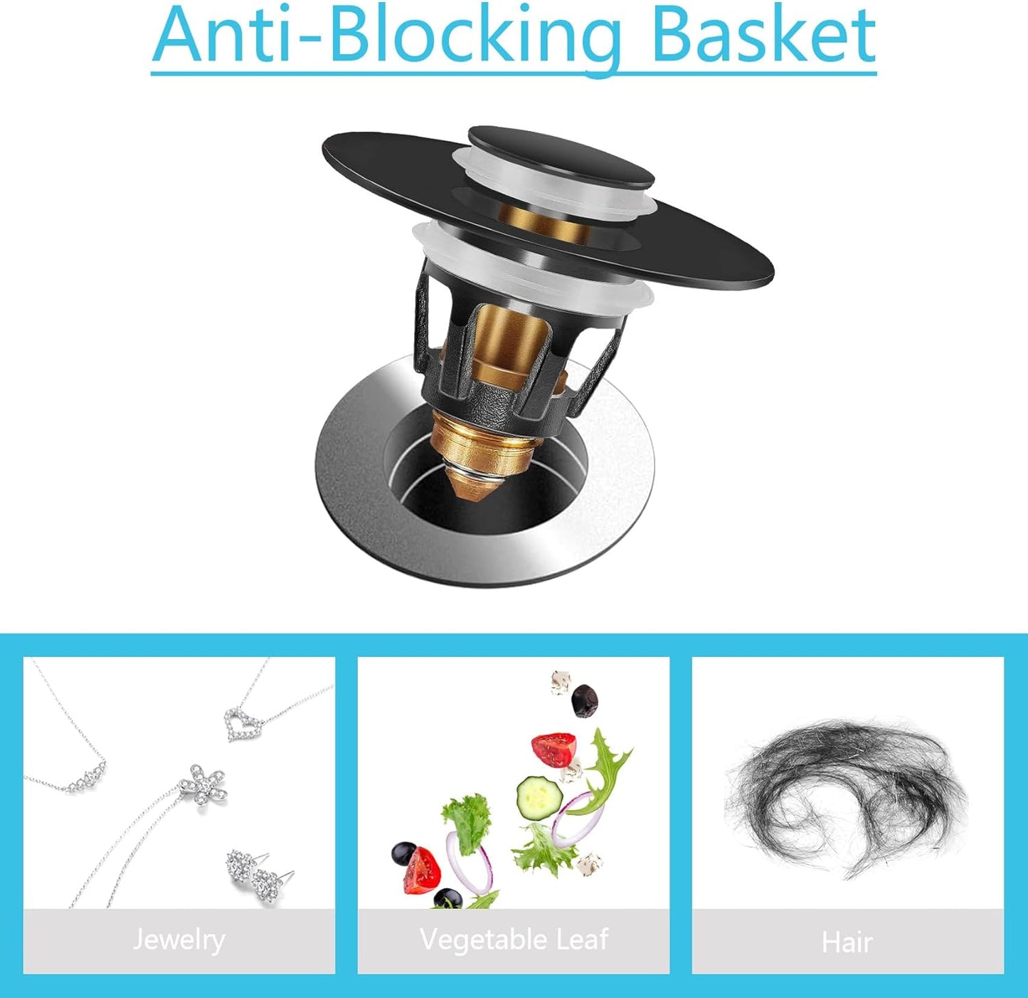 Universal Bathroom Sink Stopper in Brass, 1.04-1.97 Inch Pop Up Basin Sink Drain Stopper, Sink Drain Strainer with Anti Clogging Filter Hair Catcher, Black