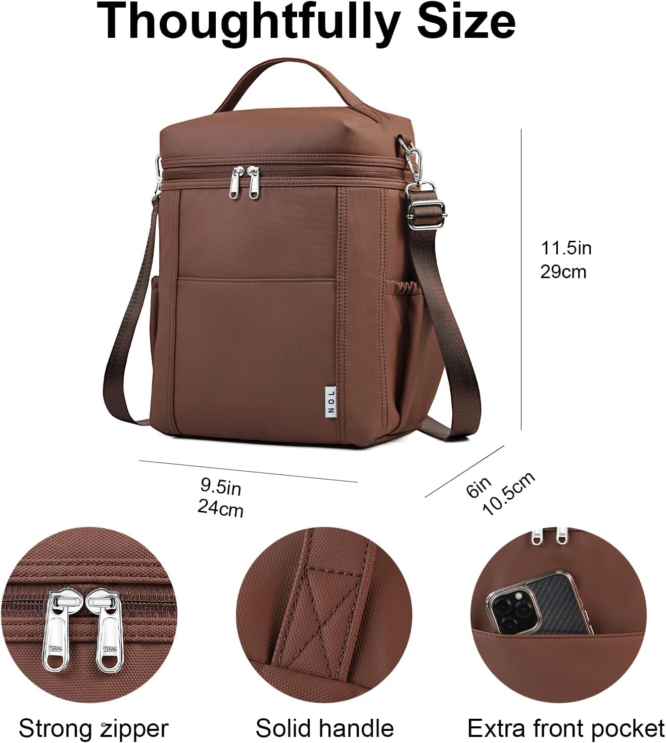 NOL Natural Organic Lifestyle Insulated Lunch Bags for Women Cooler Bag Lightweight Nylon Waterproof Lunch Box For Work (Coffee, Large)