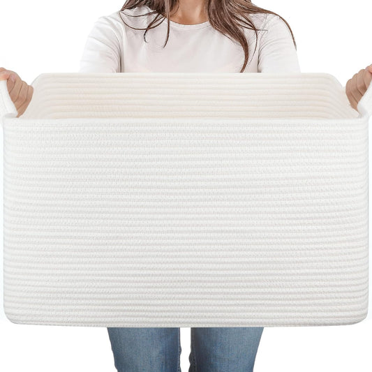 65L Large Storage Basket, Cotton Rope Woven Blanket Basket, Toy Storage for Baby Room, Living Room, White