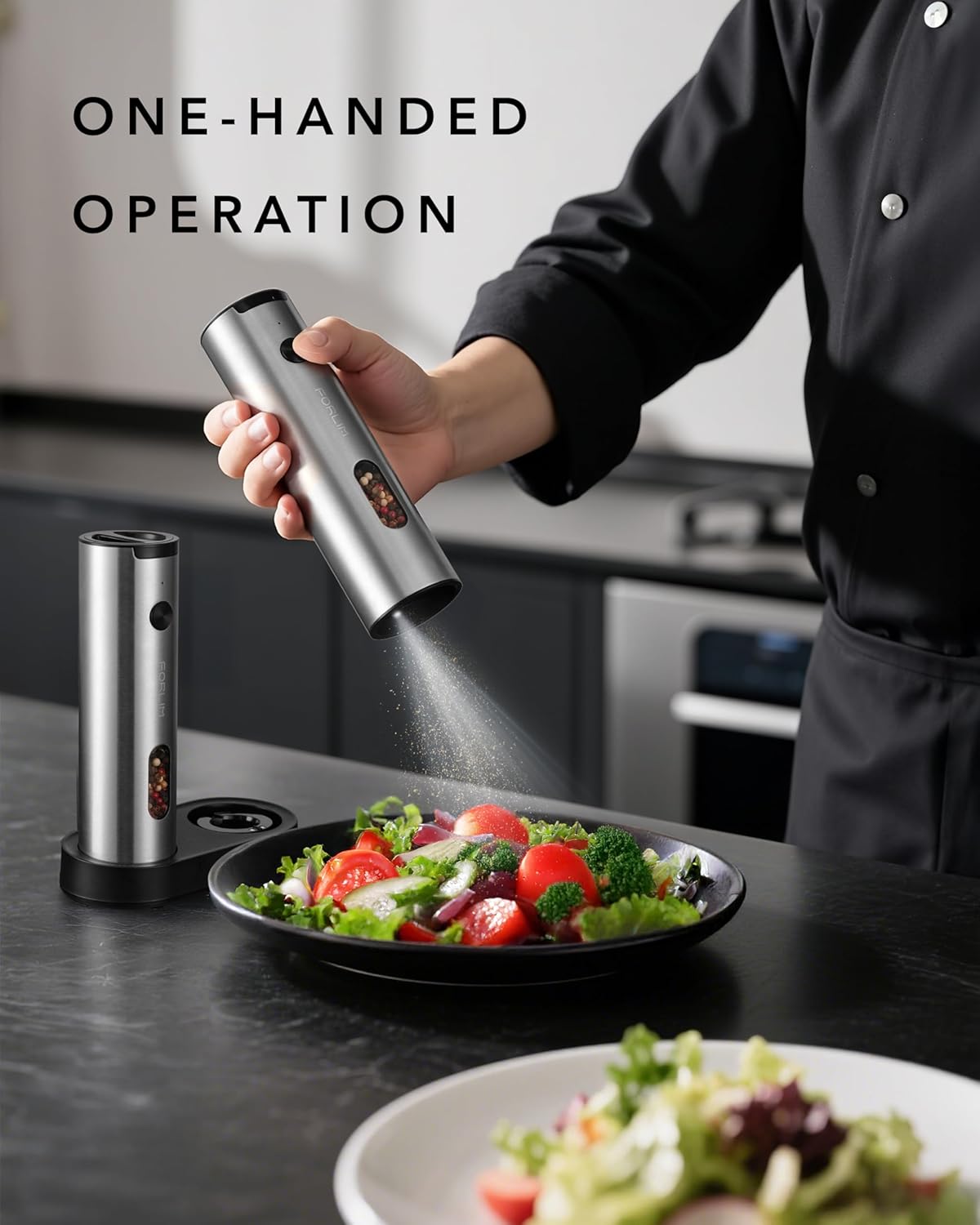 FORLIM Electric Salt and Pepper Grinder Set Rechargeable, Auto Salt and Pepper Grinder set with Charging Base, Adjustable Coarseness, LED Light, Automatic Salt Grinder Refillable,Pepper Shakers Set