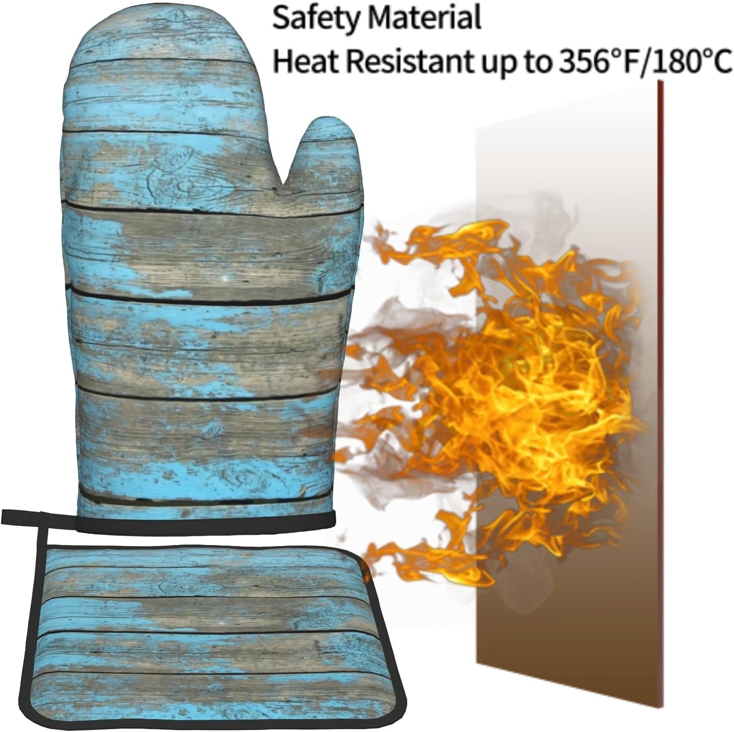 Blue Wood Oven Mitts and Pot Holder Set of 2 Rustic Board Heat Resistant Gloves Hot Potholders Kitchen Decor for Cooking Grilling Baking