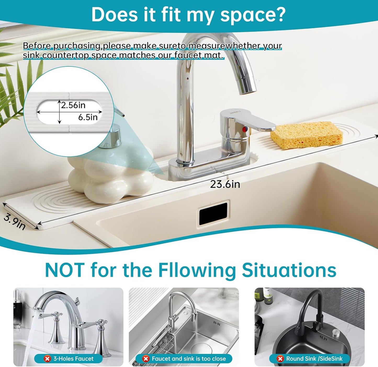 Stone Faucet Mat for Kitchen Sink with Oval Hole – 23.6" × 3.9" Diatomite Drying Stone Mat & Sink Protector, Quick-Dry Splash Guard Water-Absorbing Tray for Bathroom Counter（White.23.6" x 3.9"）