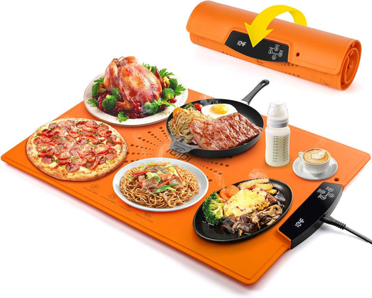 Food Warming Mat, IUIPI Electric Warming Tray with 7 Temperature Settings 2-12H Timer and Child-Lock Fast Full Surface Heating Roll Up Food Warmers for Parties Buffet Gatherings Countertop