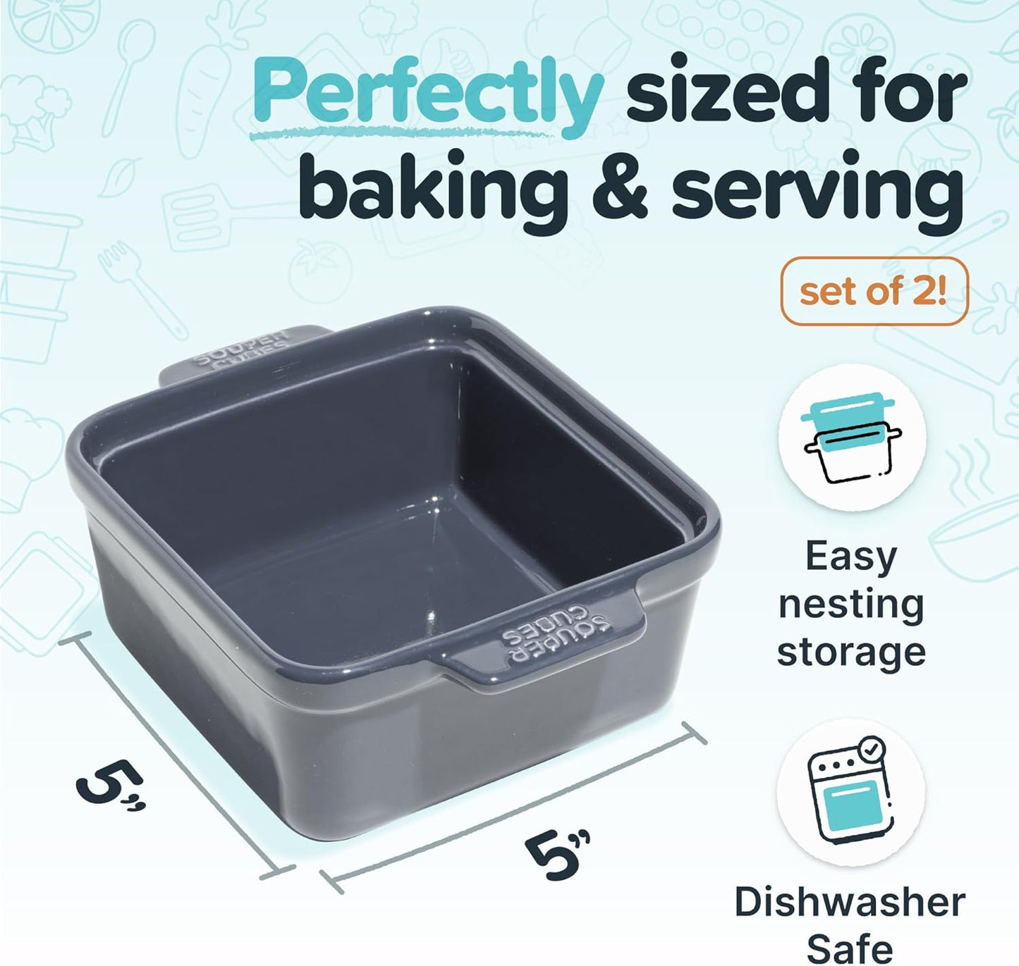 Souper Cubes Stoneware - 5" x 5" Small Ceramic Baking Dish Set with Silicone Covers - Small Casserole Dishes for Oven - Kitchen and Bakeware Essentials - Set of 2 - Charcoal Mini Baking Dishes
