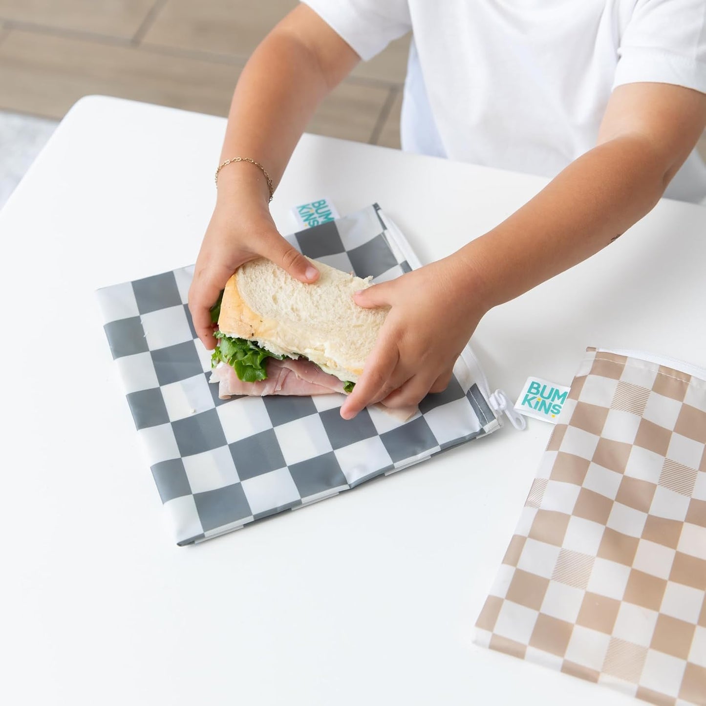 Bumkins - Cloth Snack & Sandwich Bags - For Storage, Travel, Food Prep, Lunch - Reusable, Water Resistant, Washable, Dishwasher Safe - Snack Bags for Kids - Zipper Closure - Check - 4 Pack