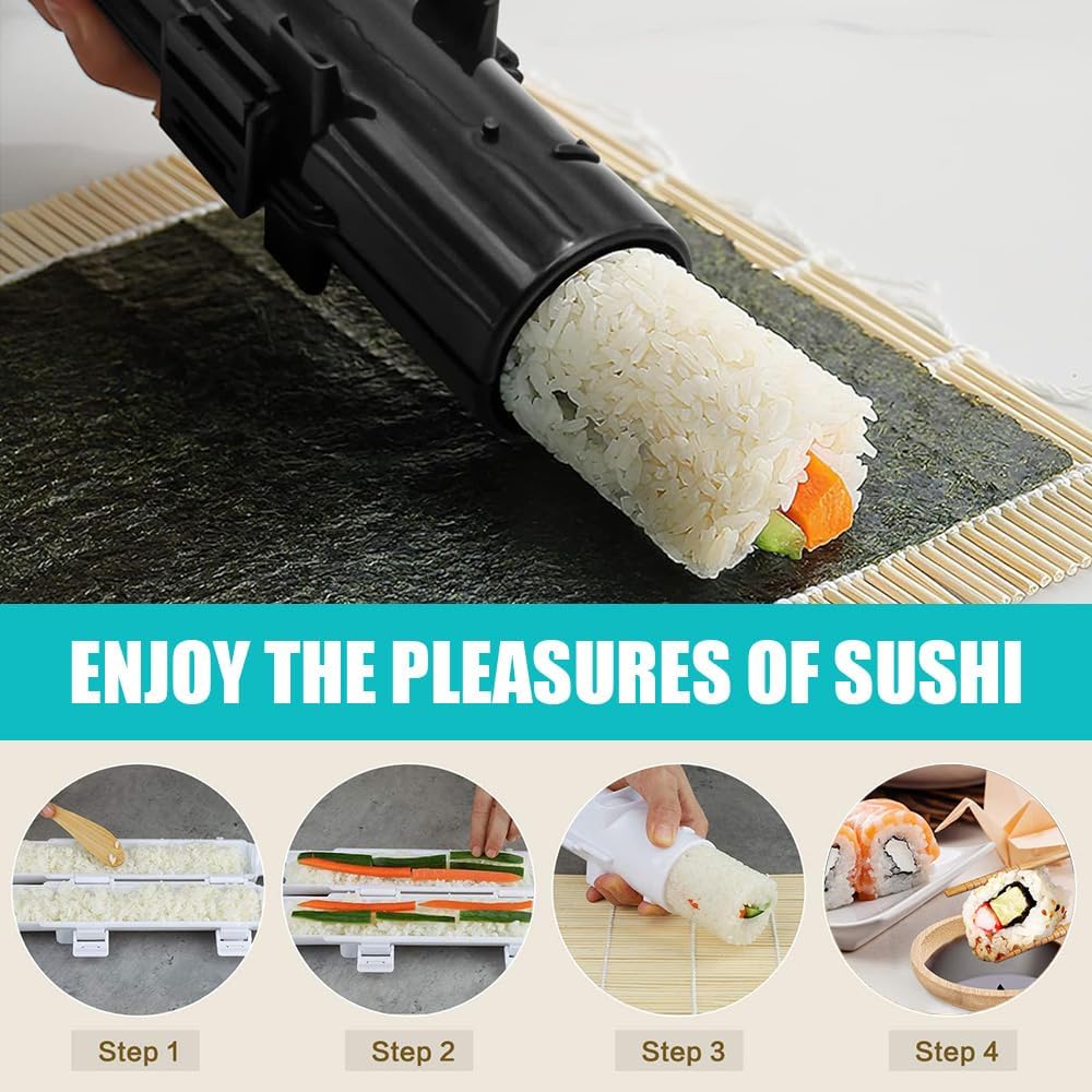 Sushi Making Kit, 22pcs Roller Maker for Beginners With Guide Book, Bazooka, Knife, Mat, Avocado Slicer, Chopsticks, Sauce Dishes & More - Sushi Lover's Gift