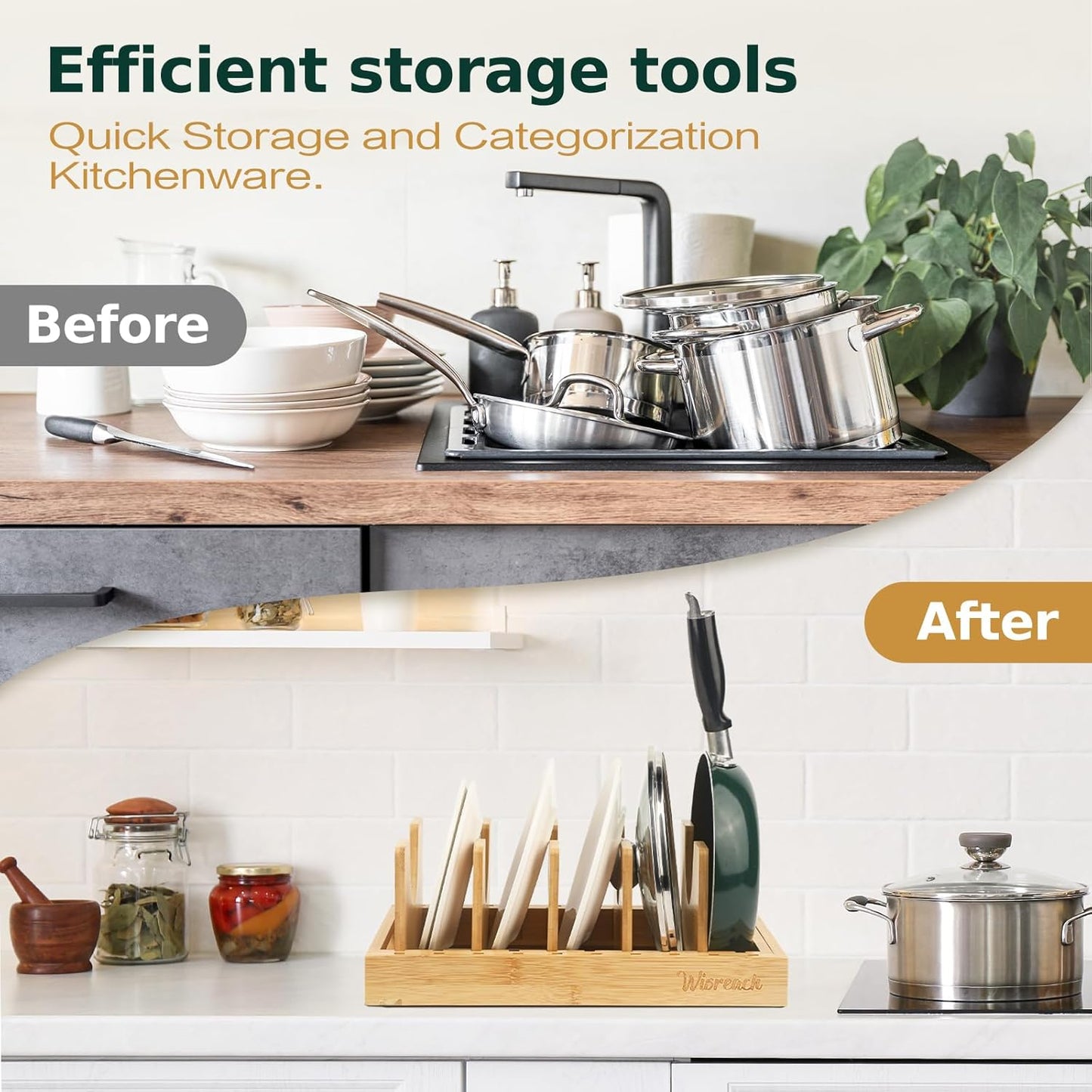 Bamboo Pot Lid Organizer, Adjustable Kitchen Organizer for Cabinet, Expandable Pot and Pan Storage Rack, Kitchen Organization for Lids, Bakeware, and Cutting Boards