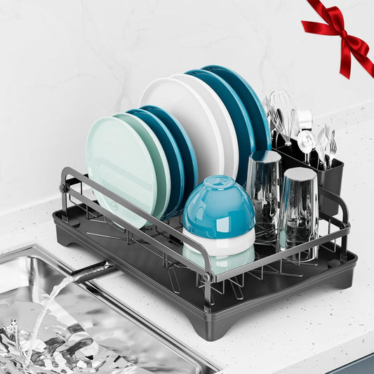 Dish Drying Rack Kitchen - Dish Racks for Kitchen Counter Space-Saving, Dish Drainer with Automatic Drain and Adjustable Spout, Dishwasher Rack with Cutlery Holder, 16.5" D x 11.6" W x 6.6" H