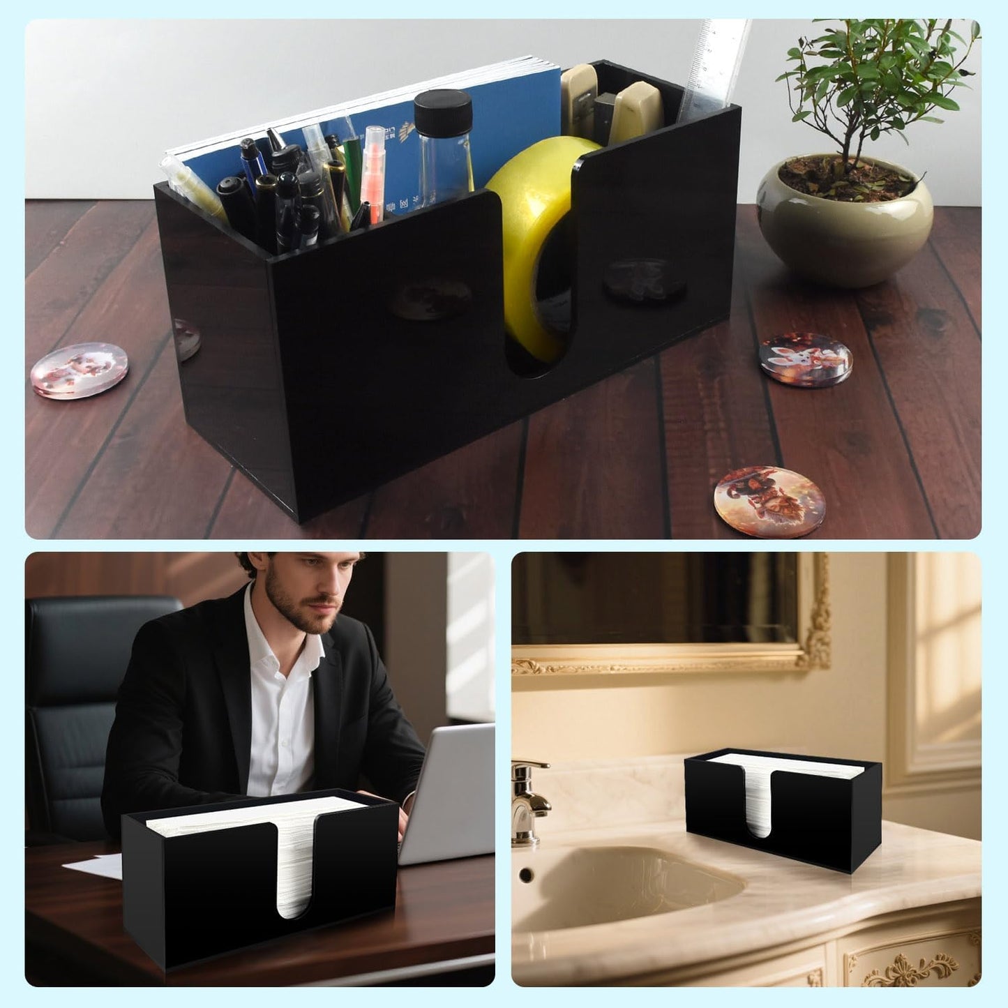 Paper Towel Holder for Countertop,Black Acrylic Napkin Dispenser-Multifold/C-Fold/Z-Fold Trifold Paper Towel Dispenser for Bathroom Kitchen Restaurant Toilet - Durable 5mm Thick(2)