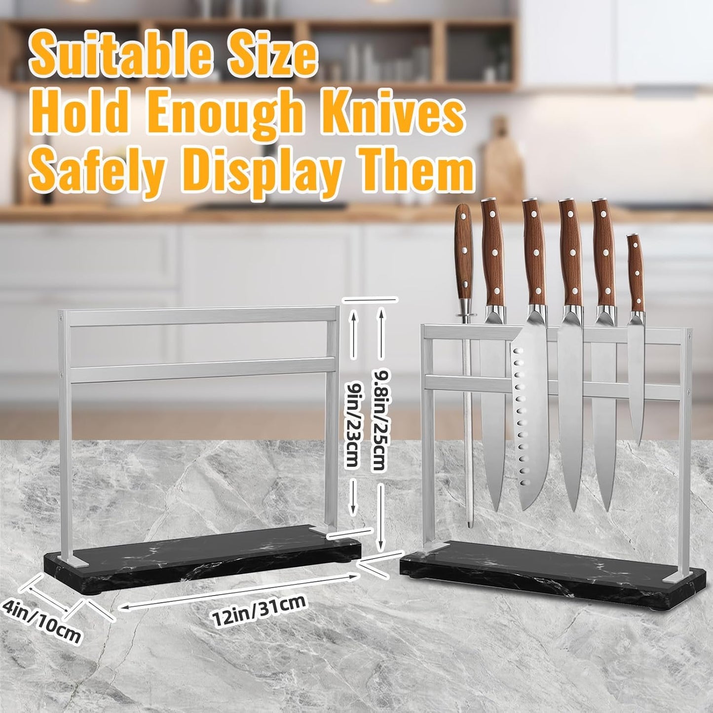 Magnetic Knife Stand Block with Marble Base, Double-sided Stainless Steel Magnets for Countertop, Magnetic Knife Holder for Kitchen Storage, 12 IN, Black