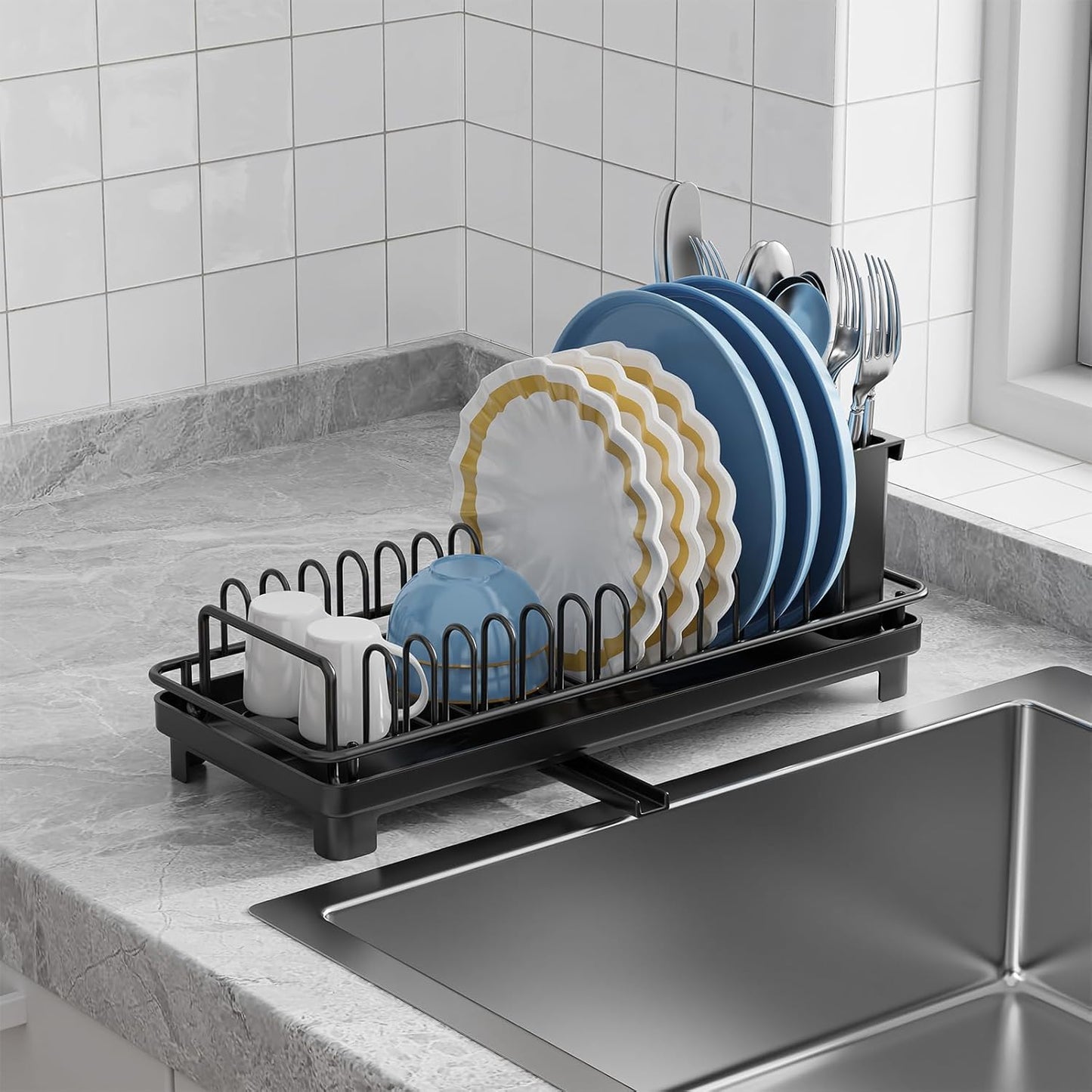 Giwil Small Dish Drying Rack, Compact Dish Rack with Drainboard for Kitchen Counter, Multifunctional Rustproof Dish Drainer Plate Organizer Used Over Sink & on Countertop, Black