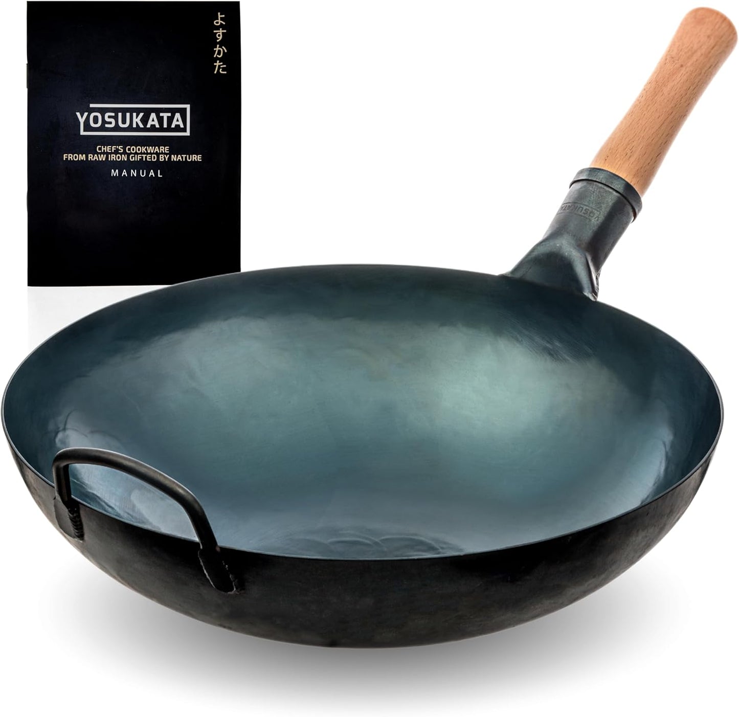 YOSUKATA 14” Round Bottom Carbon Steel Wok Pan – Blue Pre-Seasoned Pow Wok for Stir Fry, BBQ, Grill & Camping – Traditional Japanese & Chinese Cookware – Compatible with Gas Stoves & Open Fire Only