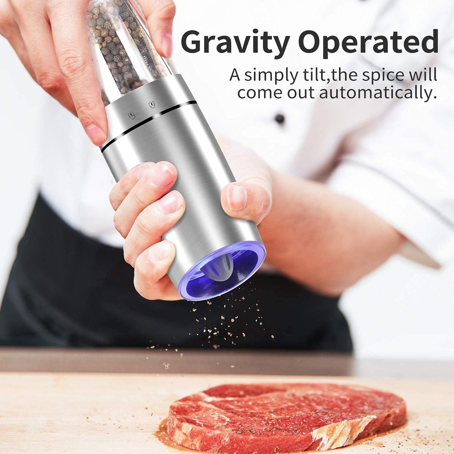 Gravity Electric Pepper and Salt Grinder Set, Adjustable Coarseness, Automatic Shakers Mill Grinder with LED Light, Battery Powered, Upgraded Larger Capacity, One Hand Operated (Sliver 2 Pack)
