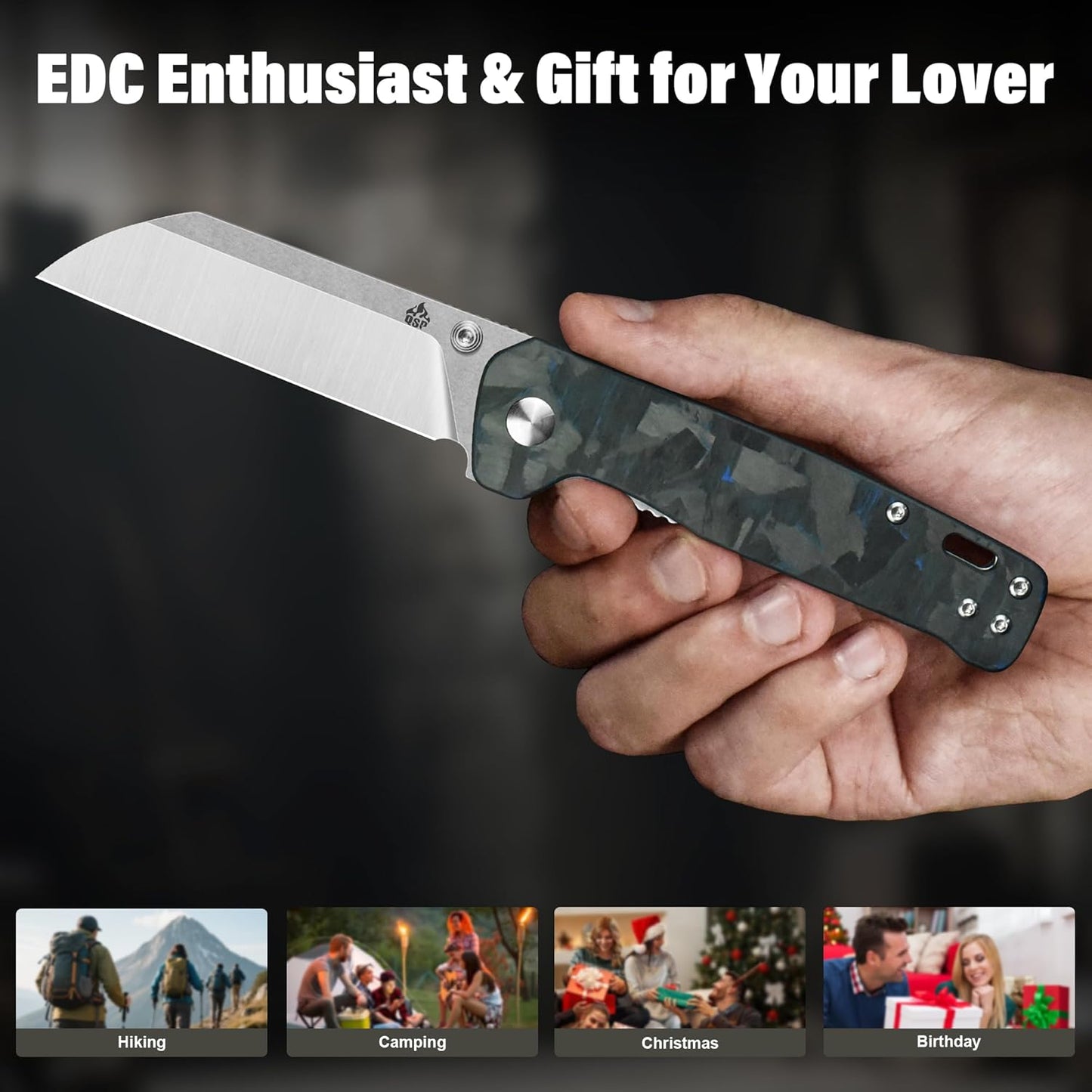 QSP Penguin V2 Folding Pocket Knife, 3.06" D2 Two Tone Finish Stonewash Satin Blade EDC Knife, Blue Shredded CF Overlay G10 Handle, Liner Lock, Ceramic Ball Bearings, Reversible SS Deep Carry Clip