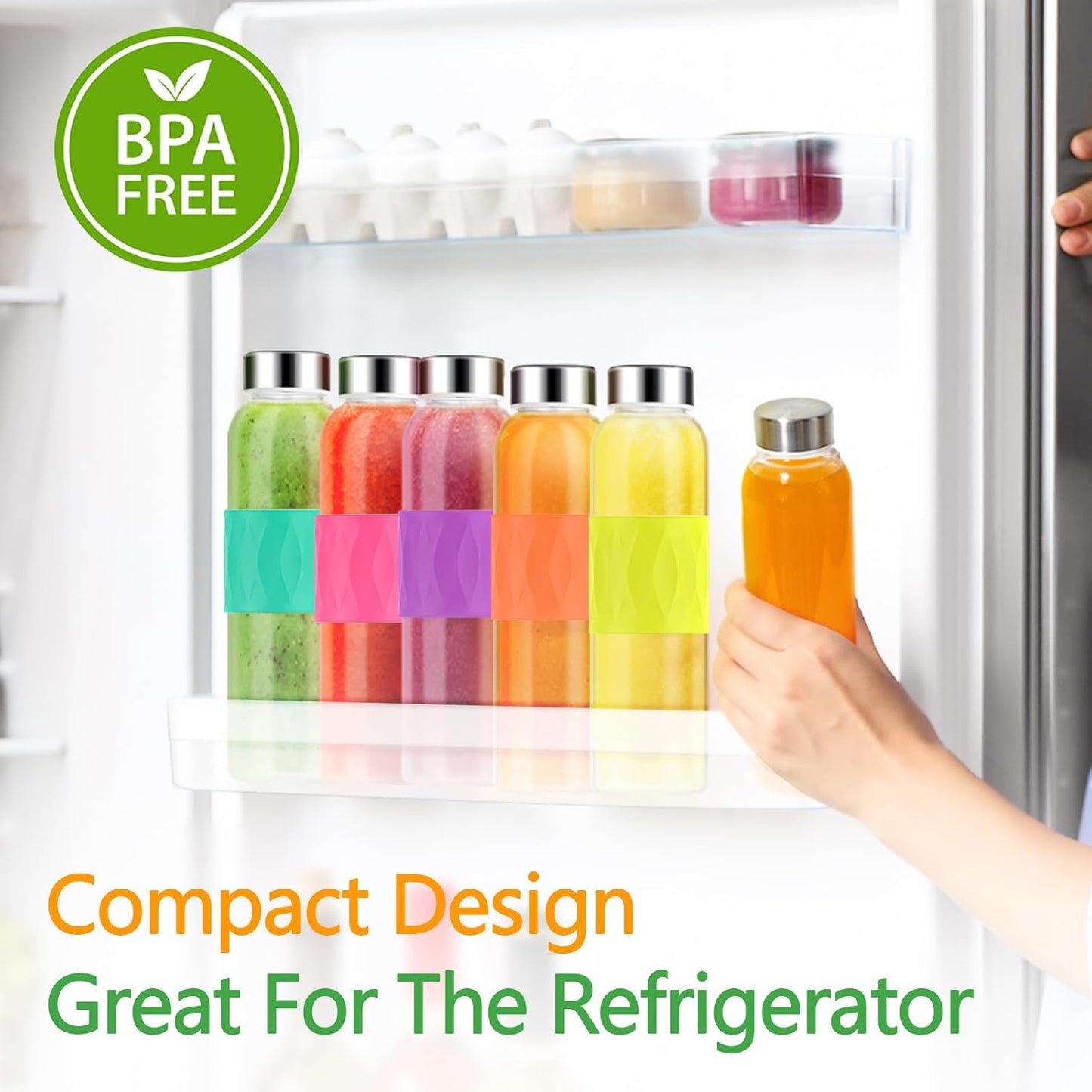 Zukro Glass Water Bottles with Lids 18 oz, Reusable Clear Juice Bottles Stainless Steel Airtight Cap for Juicing, 100% Leak Proof Juice Drinking Jar With Sleeve for Refrigerator, BPA Free, Set of 12