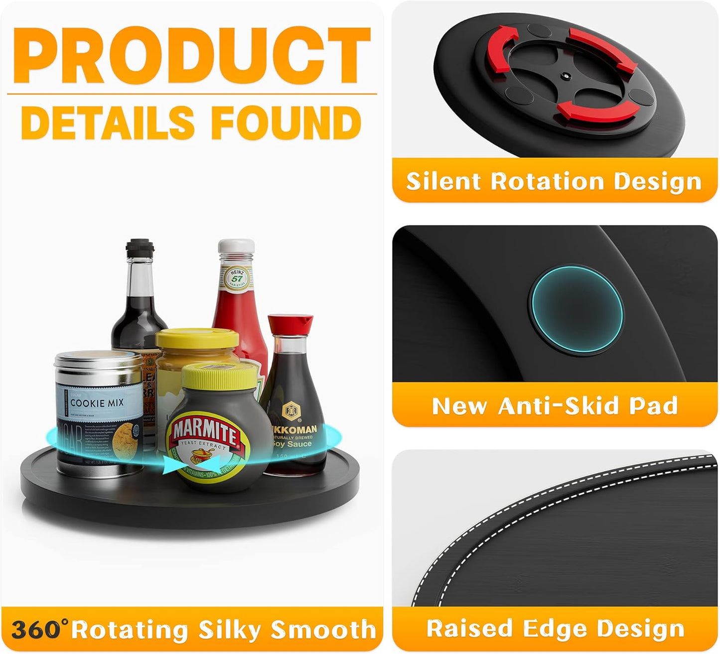 Lazy Susan Organizer Homerays 9 Inch Non-Skid Bamboo Lazy Susan for Kitchen Rotating Spice Rack for Kitchen Cabinet, Wood Turntable for Kitchen Countertop Organizer Black