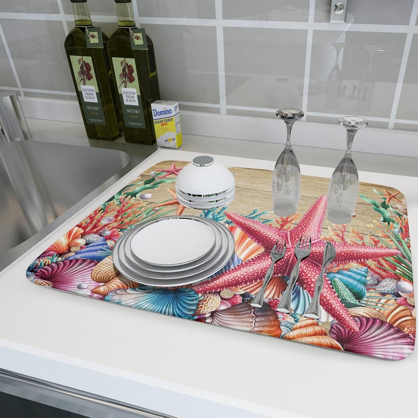 Summer Beach Dish Drying Mat - Seashells Starfish Absorbent Drying Matt Kitchen Counter for Home Decor
