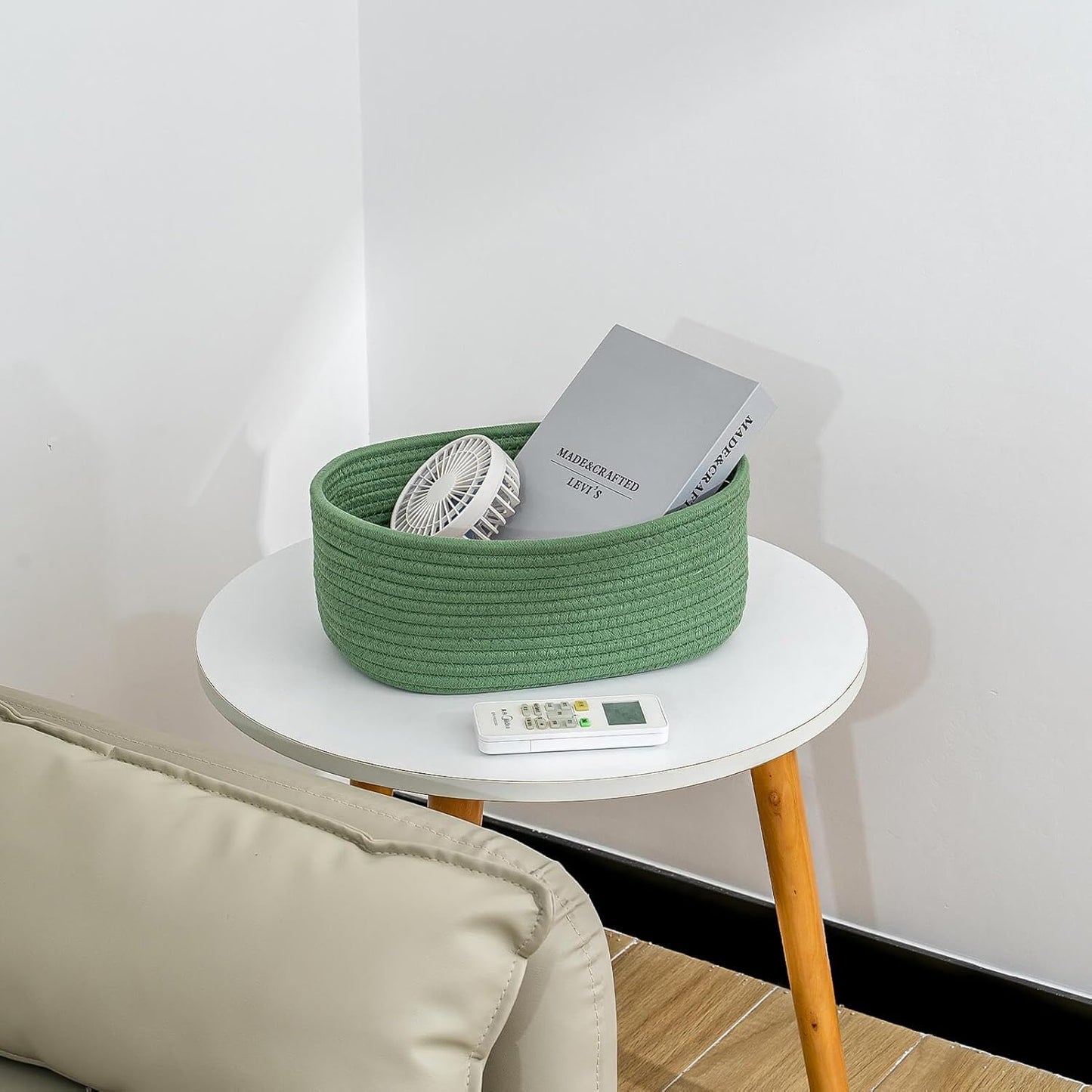 CubesLand Small Storage Basket for Shelves, Woven Rope Green Basket for Organizing, Durable & Skin-Friendly Cube Shelf Closet Organizer Bins, Toy Storage Organizers Bin, Modern Home Decor with Handles