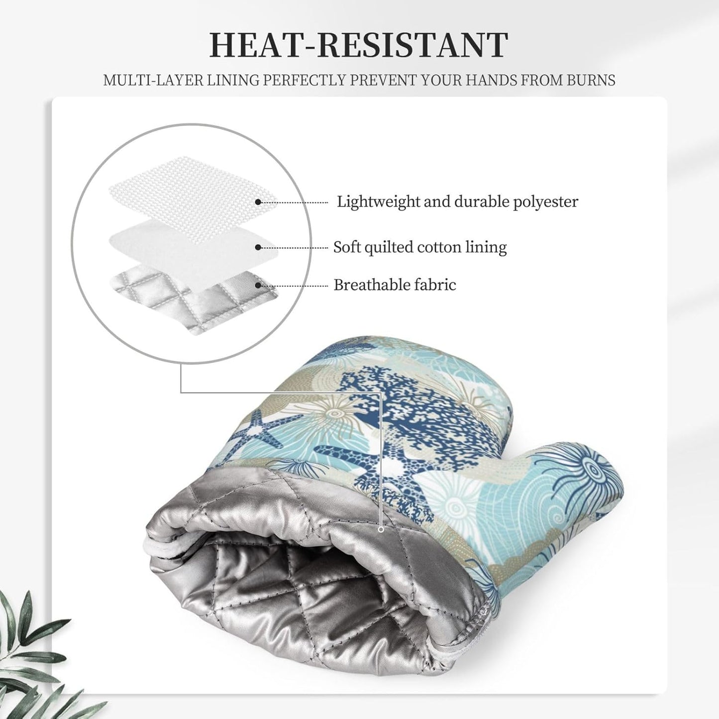 Nautical Coastal Oven Mitts and Pot Holders Set of 4 Silicone Starfish Seashell Coral Algae Beach Themed Blue Kitchen Mitten Gloves Potholders Set Oven Gloves Hot Holders for BBQ