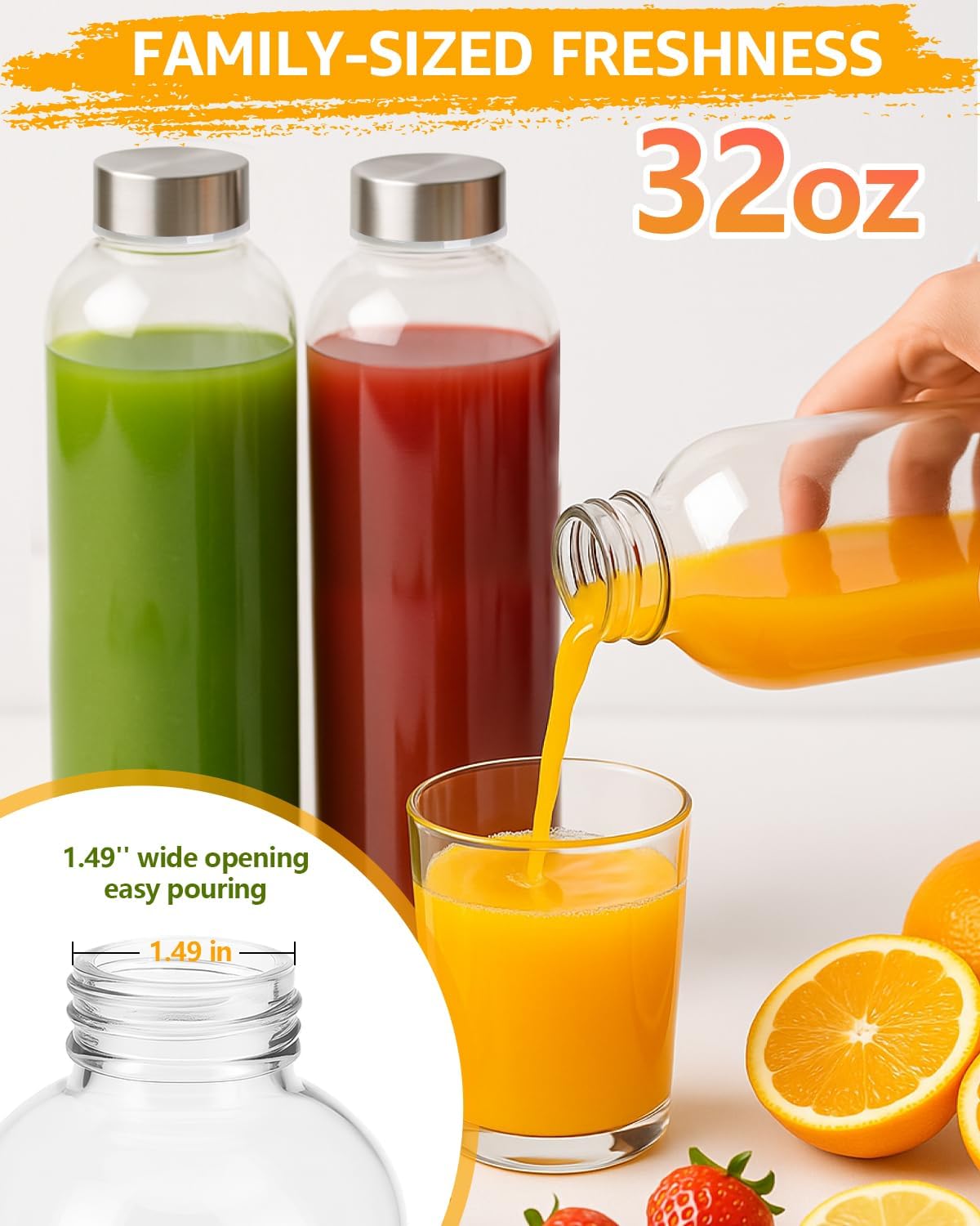 Zukro Glass Water Bottles with Lids 32 oz, 3 Pack Reusable Juice Bottles With Stainless Steel Airtight Cap for Juicing, Leak Proof Clear Drinking Jar Beverage storage container for Fridge, BPA Free
