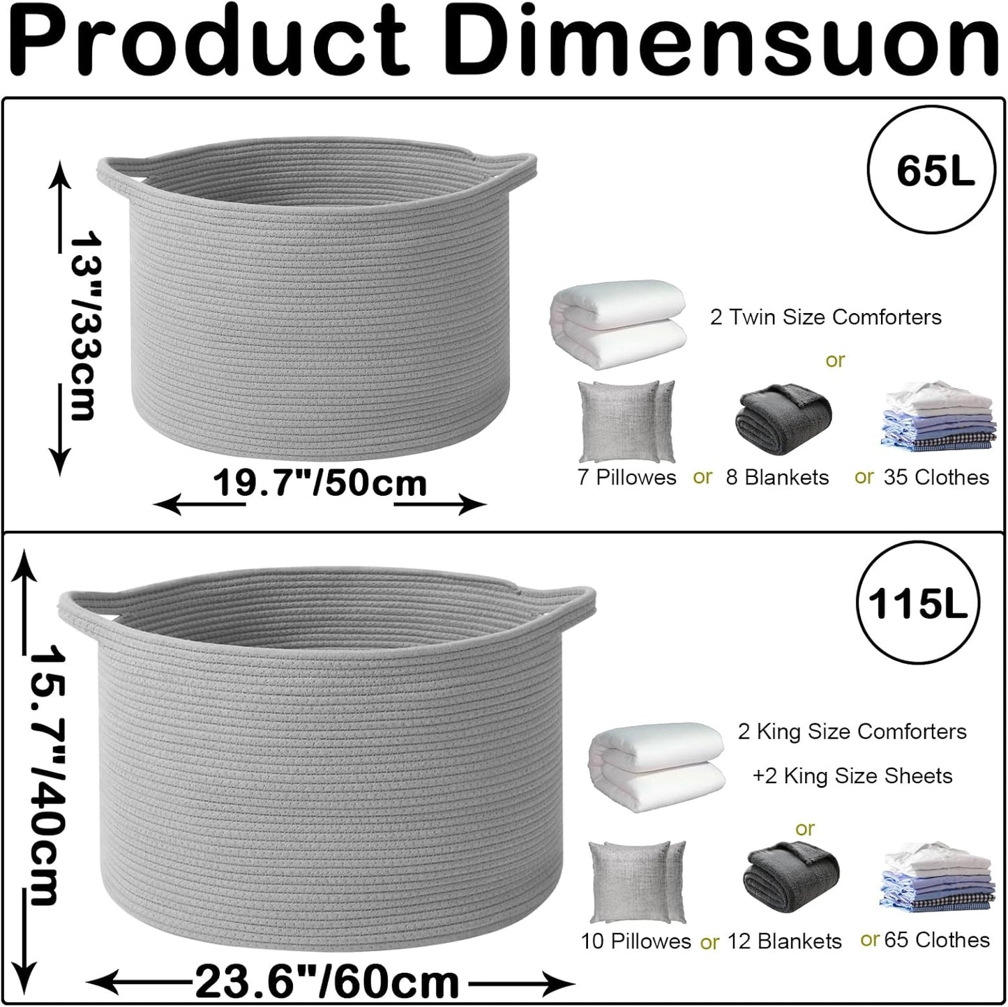 Large Blanket Basket for Organizing,65L Closet Organizers and Storage Bins Box for Shelves Woven Rope Storage Baskets,Living Room,Bedroom,Dorm,Laundry room (Light Grey)