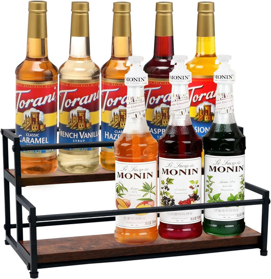 Coffee Syrup Rack Organizer - 2-Tier 10 Syrup Bottles Holder for Coffee Bar, Liquor Bottle Display Shelf - Rustic Kitchen Cabinet for Spices, Jars - Stepped Pantry Shelf for Syrup, Wine, Tea & Coffee