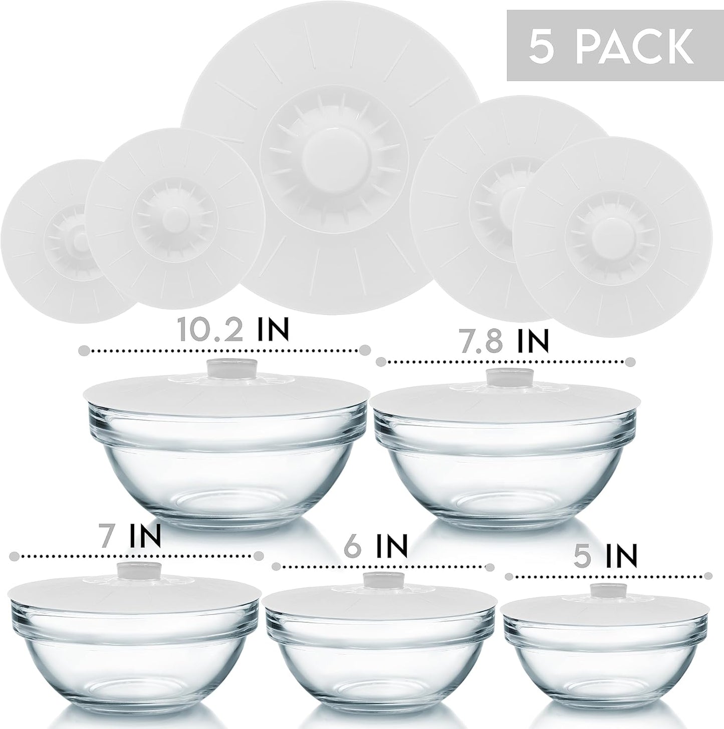 Silicone Bowl Lids White, Set of 5 Reusable Suction Seal Covers for Bowls, Pots, Cups. Food Safe. Natural grip, interlocking handles for easy use and storage.