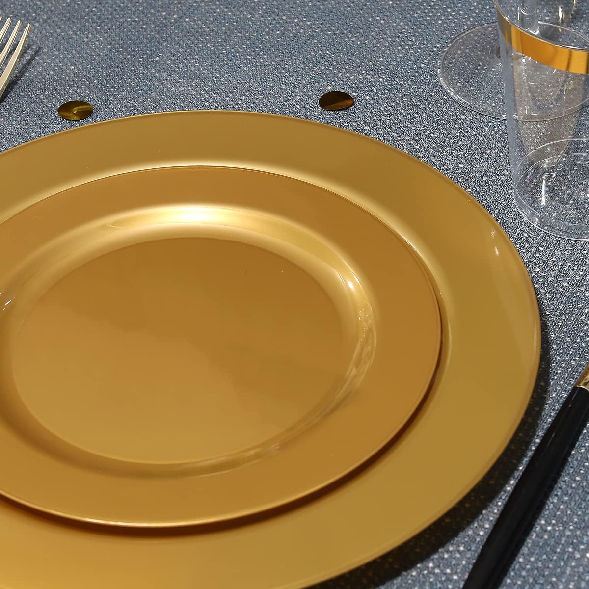 I00000 102 Pieces Solid Gold Disposable Plates, Gold Plastic Plates Premium Plastic Party Plates Includes: 51 Dinner Plate 10.25 Inch and 51 Salad/Dessert Plate 7.5 Inch for Wedding & Party