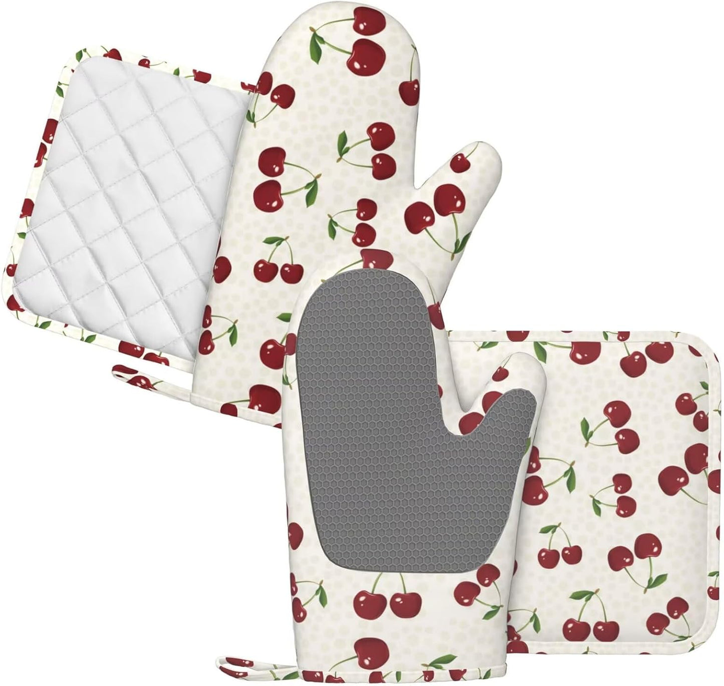 Cherry Berries Oven Mitts and Pot Holders Set of 4 Silicone Watercolor Cherries Kitchen Mitten Gloves and Non-Slip Potholders Set Heat Resistant Oven Gloves Hot Holders for Kitchen