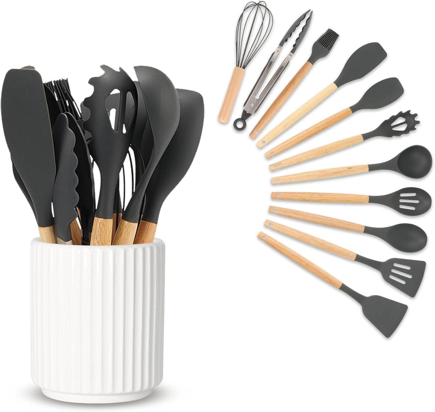 Black Utensil Holder (H5.51” x W4.92”), Ceramic Utensil Crock, Cooking Spoon Holder for Kitchen, Spatula Holder for Counter, Includes Silicone Drying Mat, Black