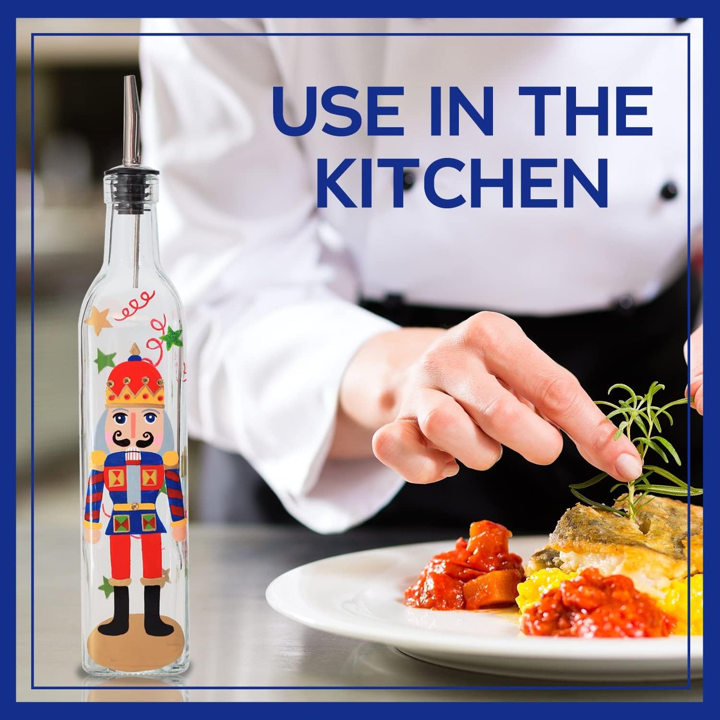 17oz Hand Painted Glass Olive Oil Bottle - 500ml Green Oil & Vinegar Cruet with Pourers and Funnel - Olive Oil Carafe Decanter for Kitchen (The Nutcracker)