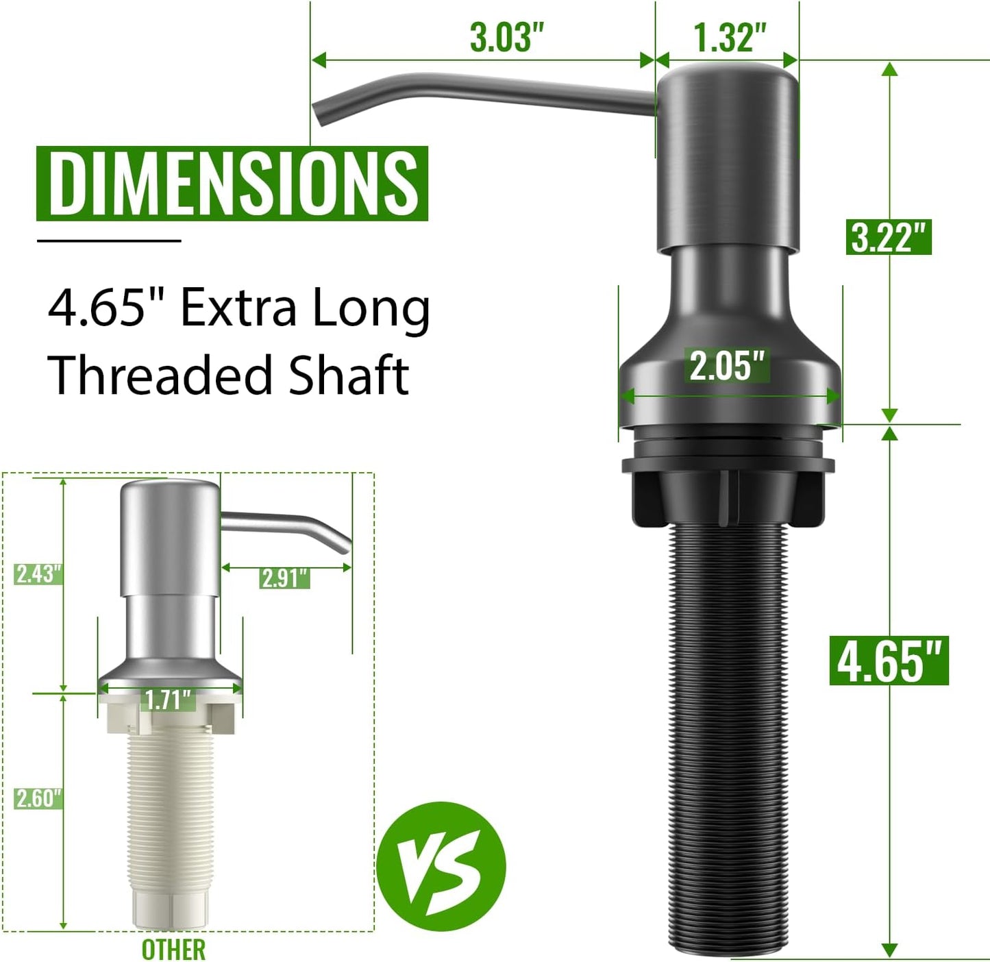 Soap Dispenser for Kitchen Sink, Kitchen Sink Soap Dispenser with 17 OZ Bottle, Refill from The Top Bar, Longer Threaded Shaft Shank, Wide Pump Head Base (Gray)