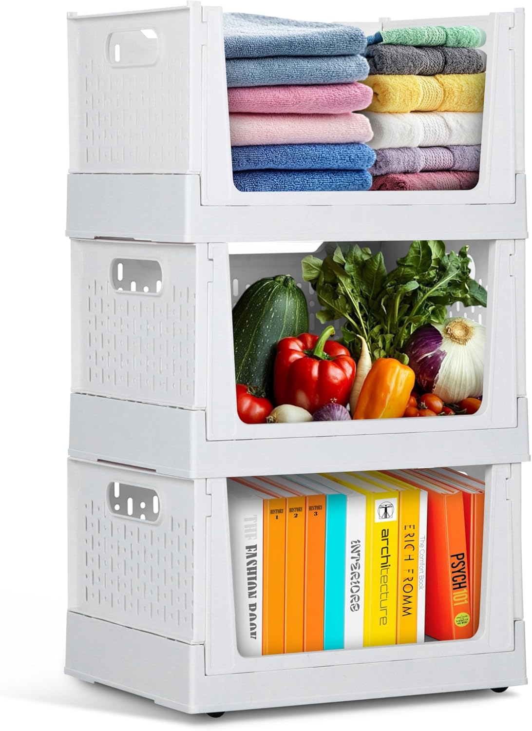 Skywin TidyFriend Stackable Storage Bins with Wheels, 3 Pack Foldable Storage Bins Box, Plastic Shelves Drawer Organizer Container for Closet Office Bedroom Kitchen Bathroom (Ivory)