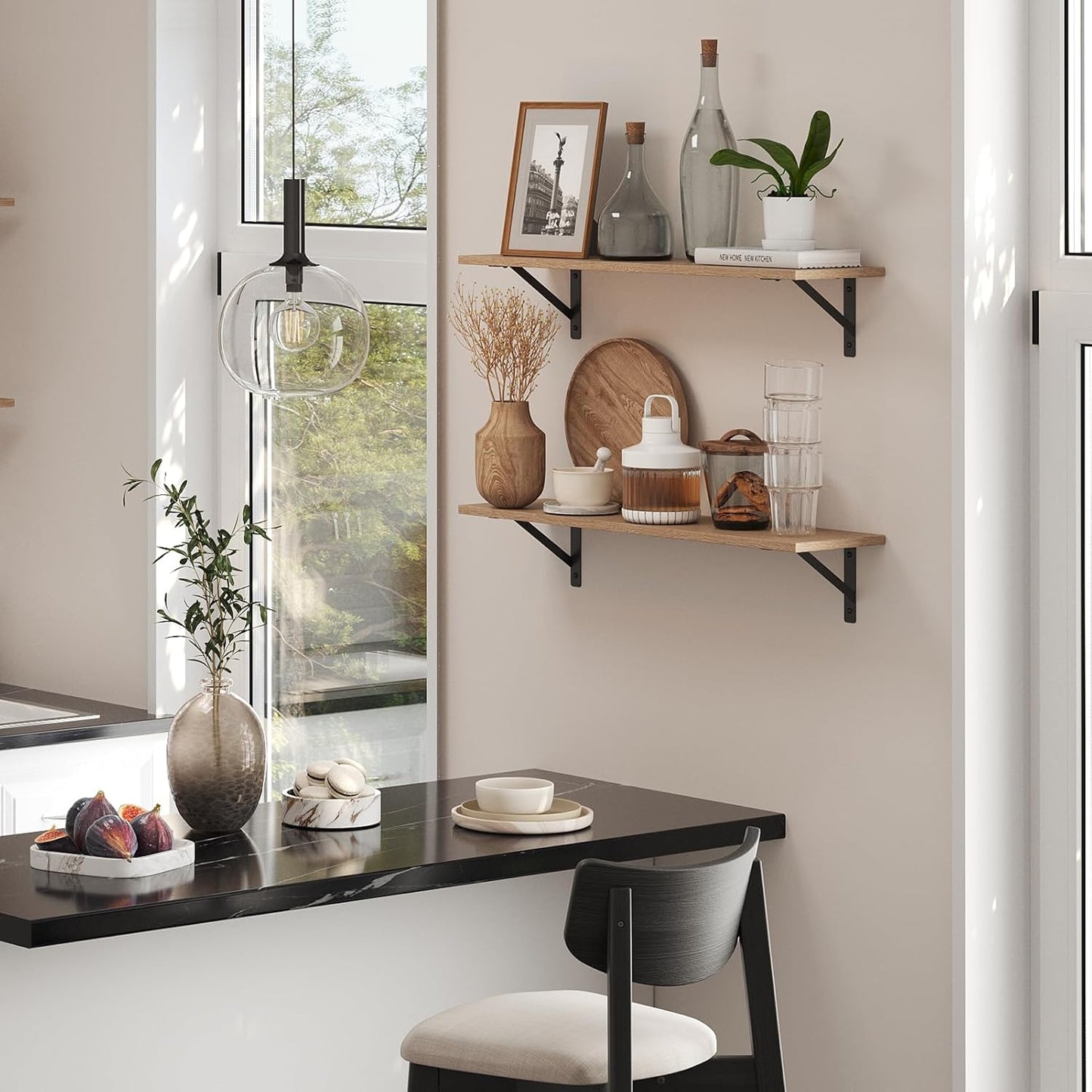 DINZI LVJ Long Wall Shelves, 31.5 Inch Wall Mounted Shelves Set of 2, Easy-to-Install, Wall Storage Ledges with Sturdy Metal Brackets for Living Room, Bathroom, Bedroom, Kitchen, Natural